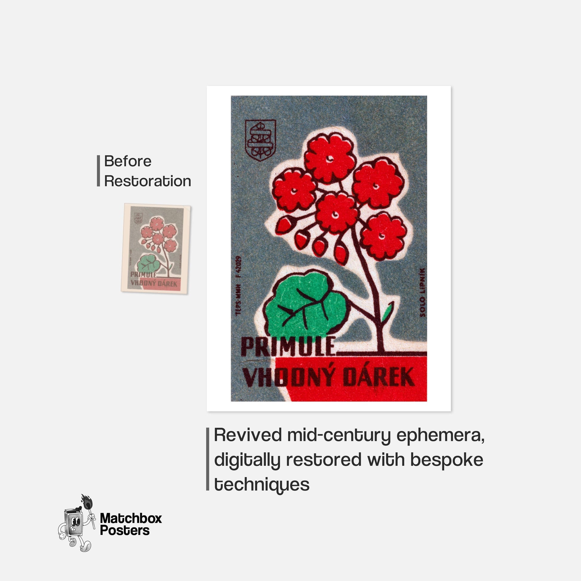 Vintage Red Flowers Art Print - Sierra Leone - vintage matchbox label print - framed wall art preview