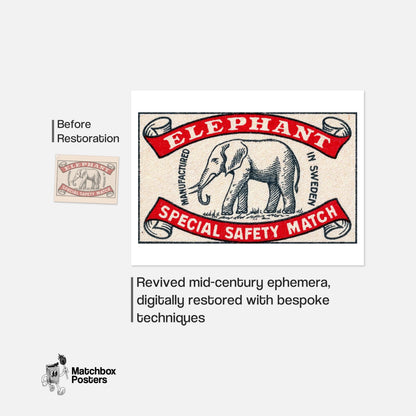 Elephant - vintage matchbox label print - framed wall art preview
