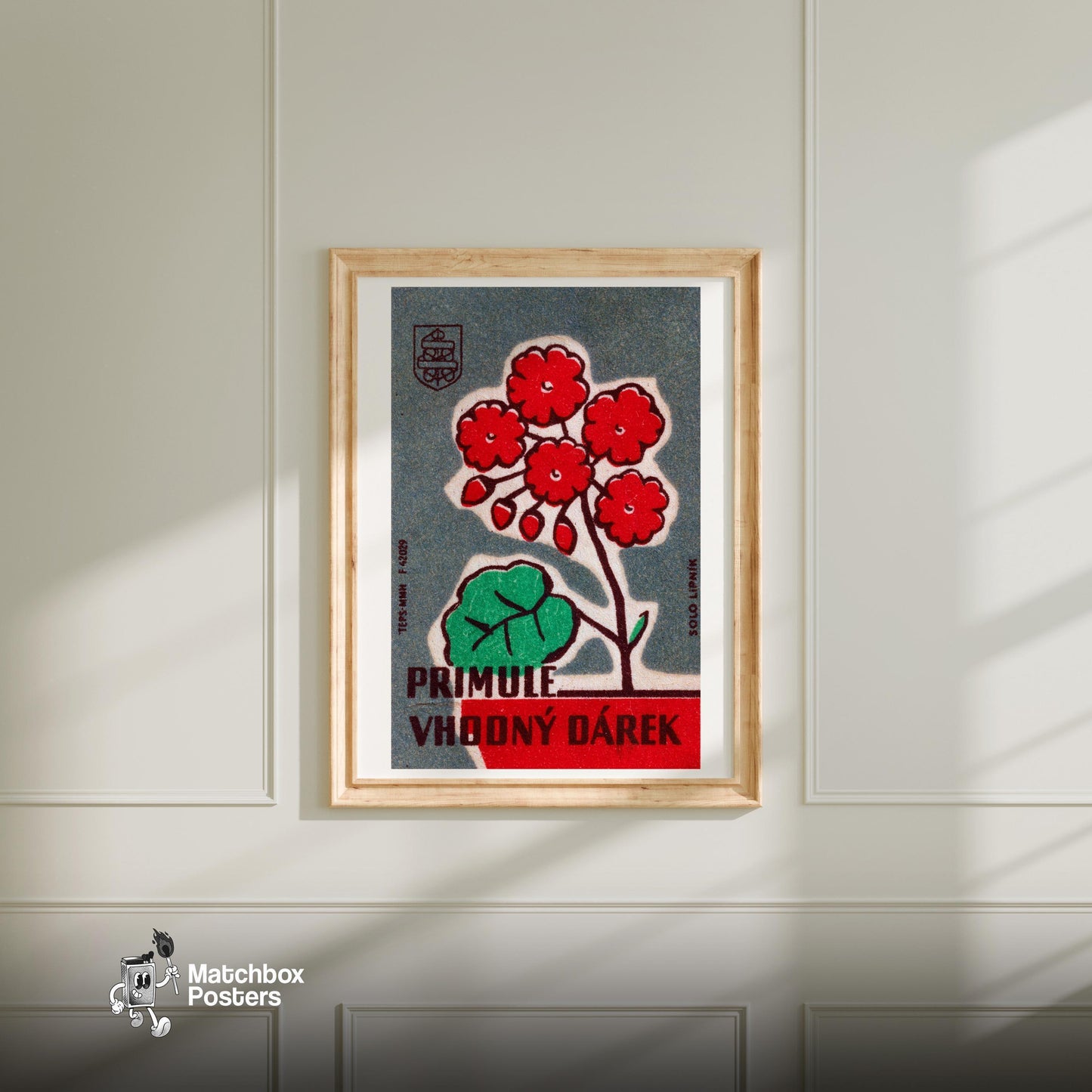 Vintage Red Flowers Art Print - Sierra Leone - vintage matchbox label print - bedroom mockup