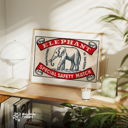 Elephant - vintage matchbox label print - office wall