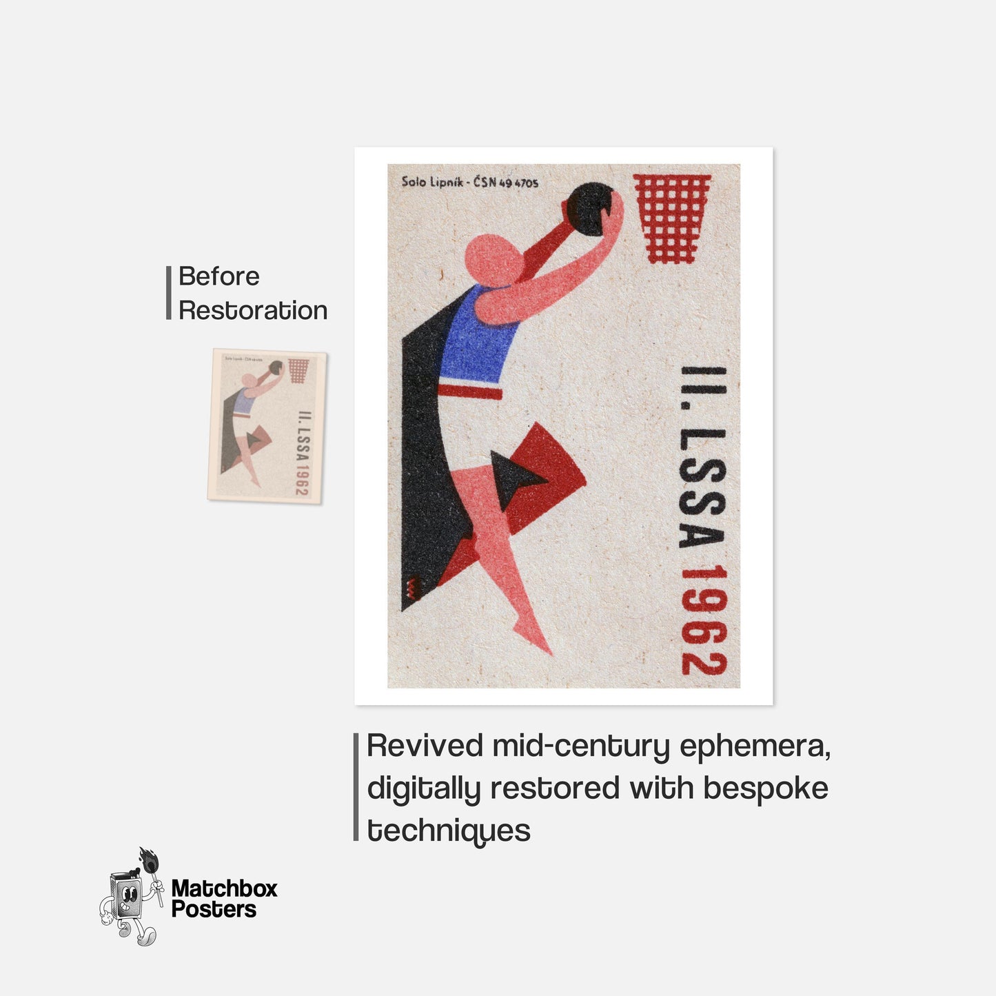Basketball Player - vintage matchbox label print - framed wall art preview