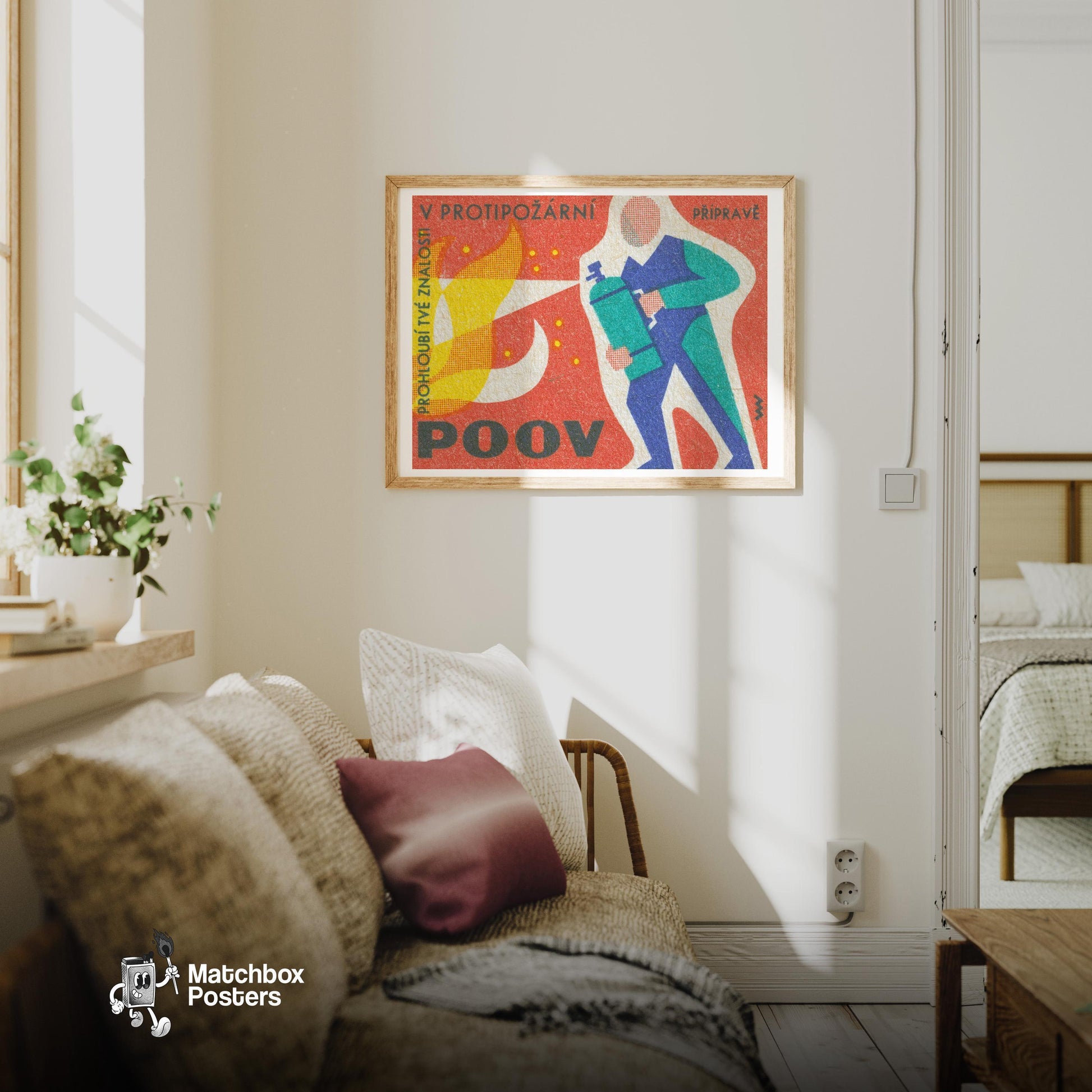 Firefighter - vintage matchbox label print - living room mockup