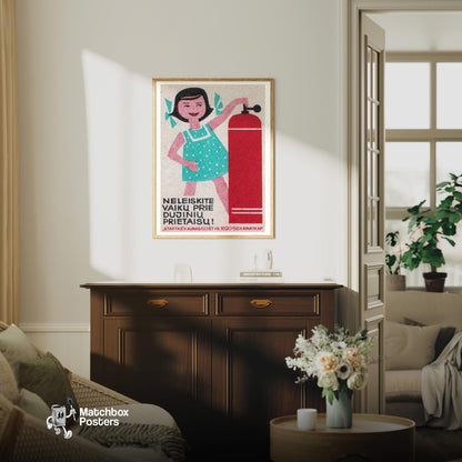 Girl with Gas Cylinder - vintage matchbox label print - living room mockup