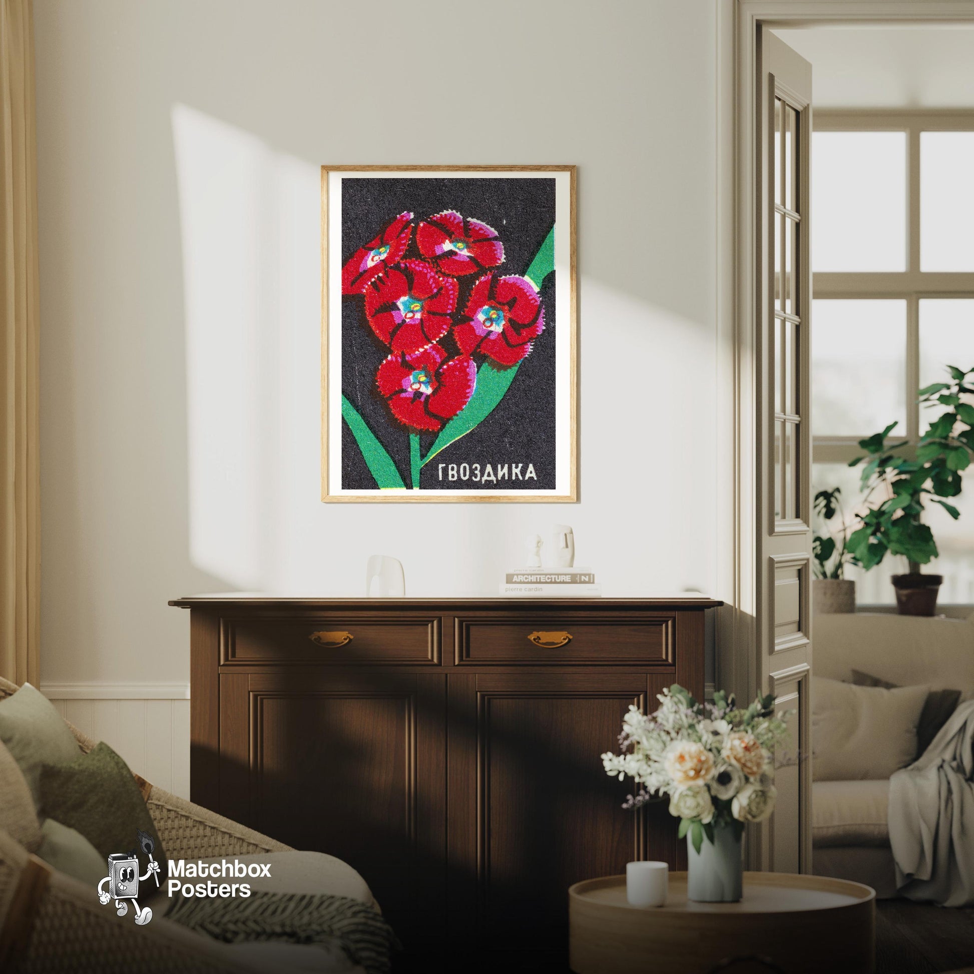 Red Carnation - vintage matchbox label print - living room mockup