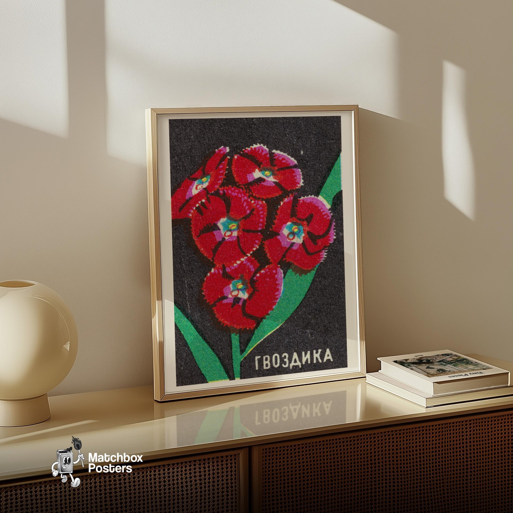 Red Carnation - vintage matchbox label print - size comparison