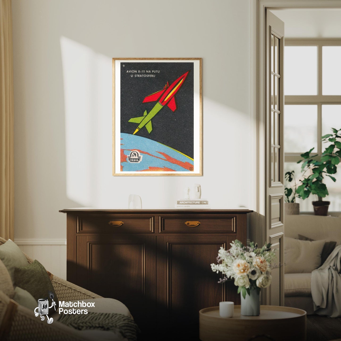 Rocket in Space - vintage matchbox label print - living room mockup