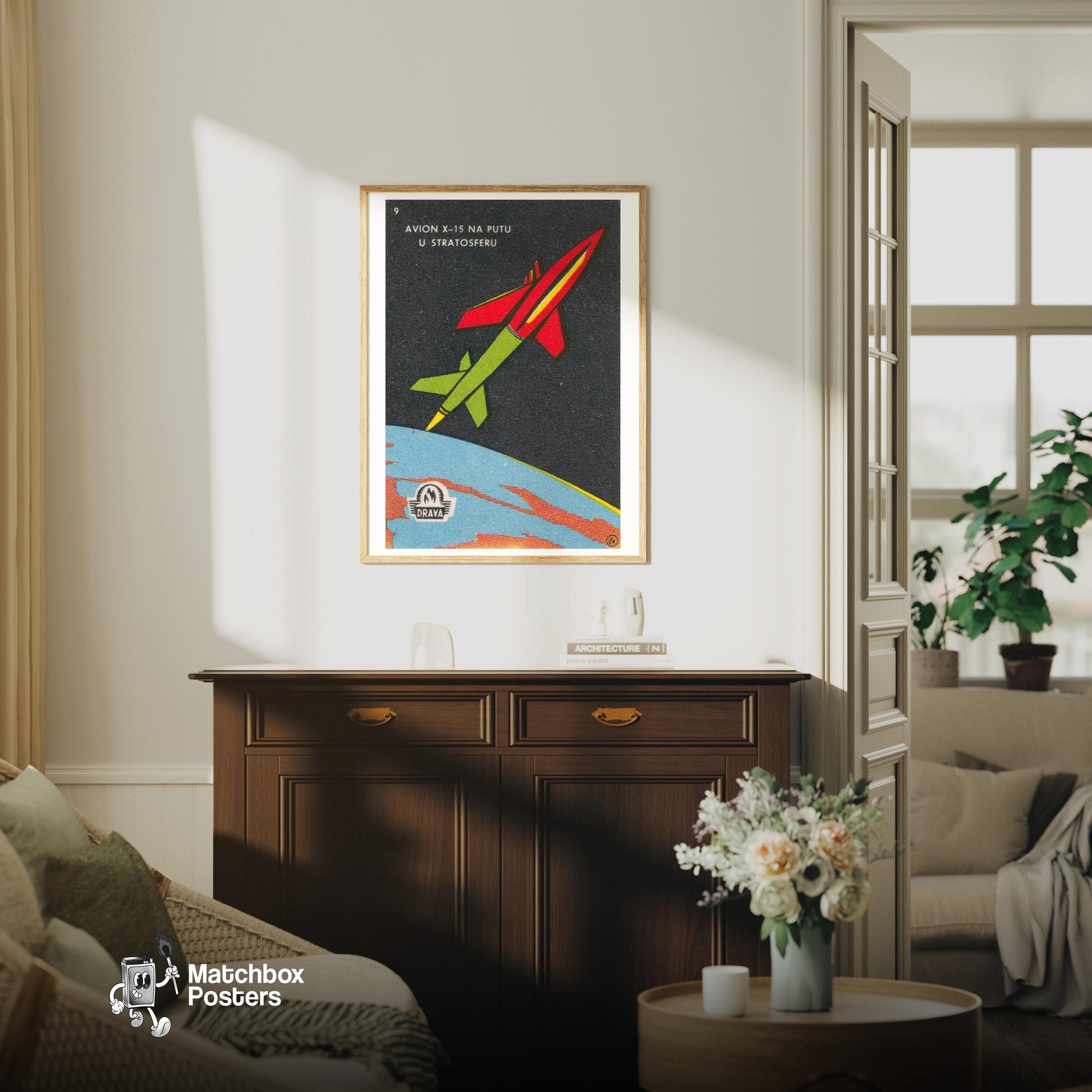 Rocket in Space - vintage matchbox label print - living room mockup