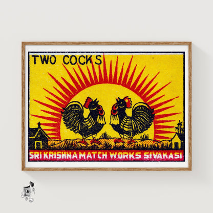 Two Roosters - vintage matchbox label print