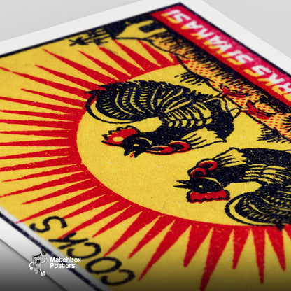 Two Roosters - vintage matchbox label print - close-up detail