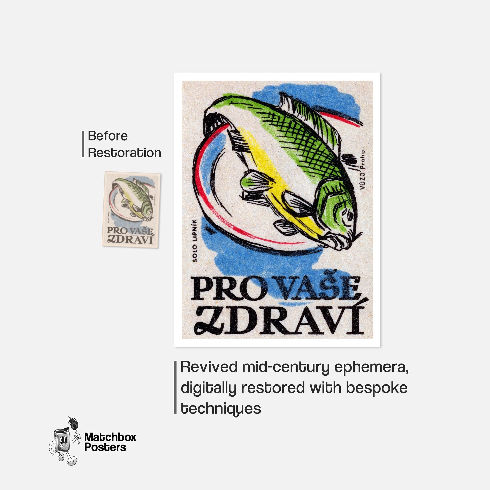 Green Fish - vintage matchbox label print - framed wall art preview