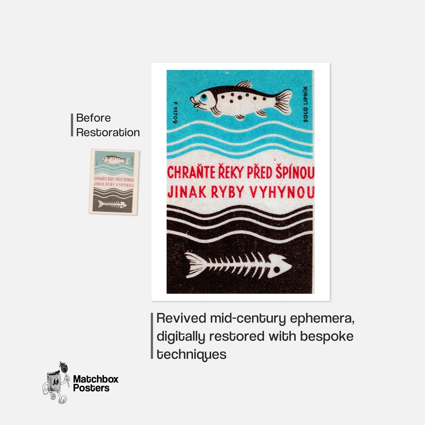 Fish and Skeleton - vintage matchbox label print - framed wall art preview
