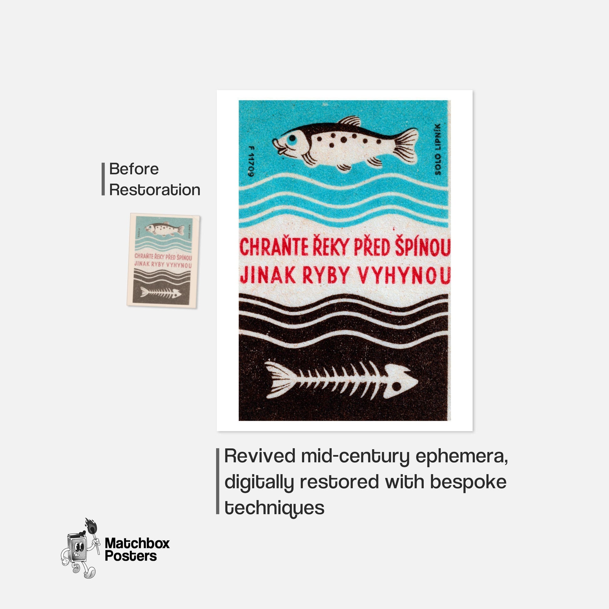 Fish and Skeleton - vintage matchbox label print - framed wall art preview