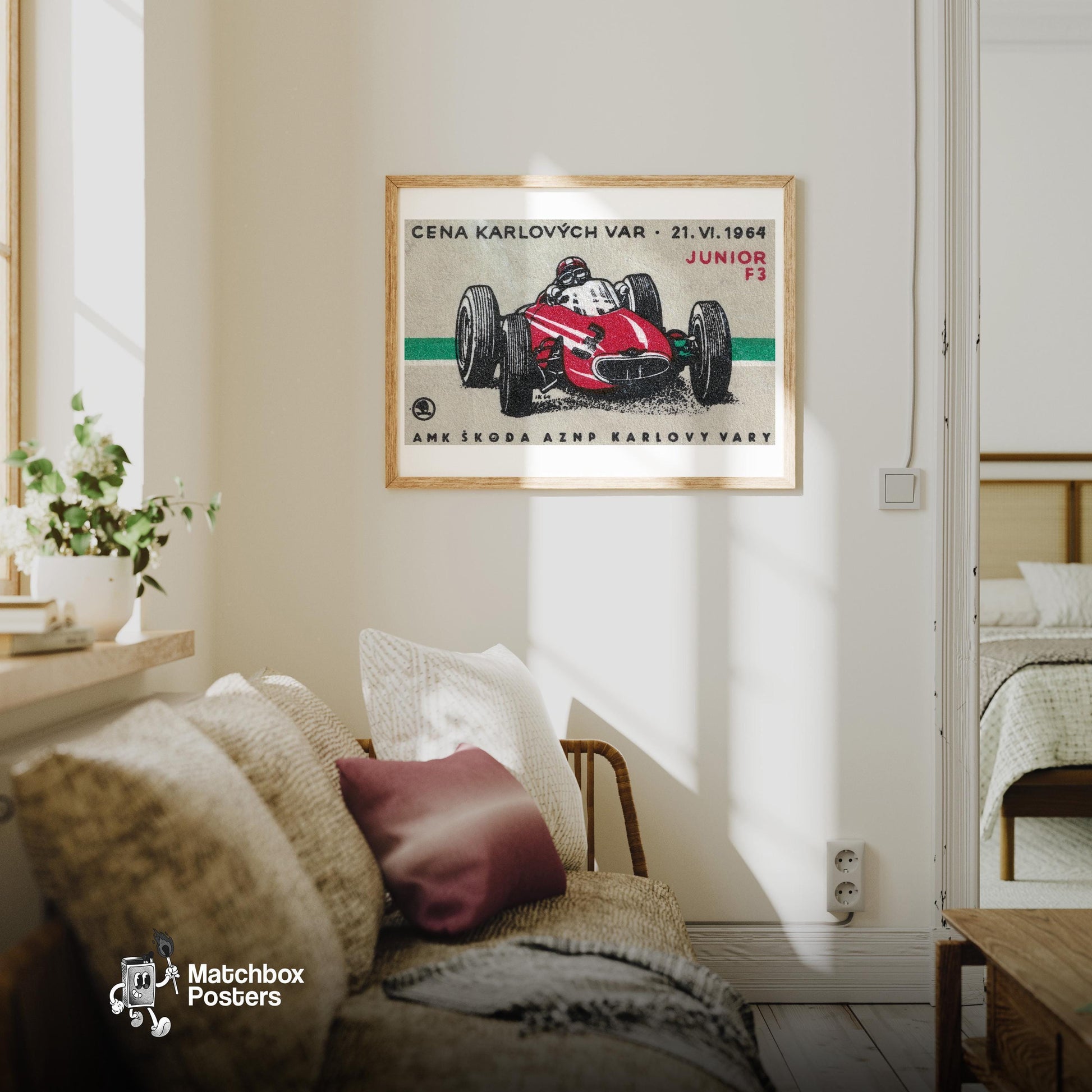 Red Racing Car - vintage matchbox label print - living room mockup