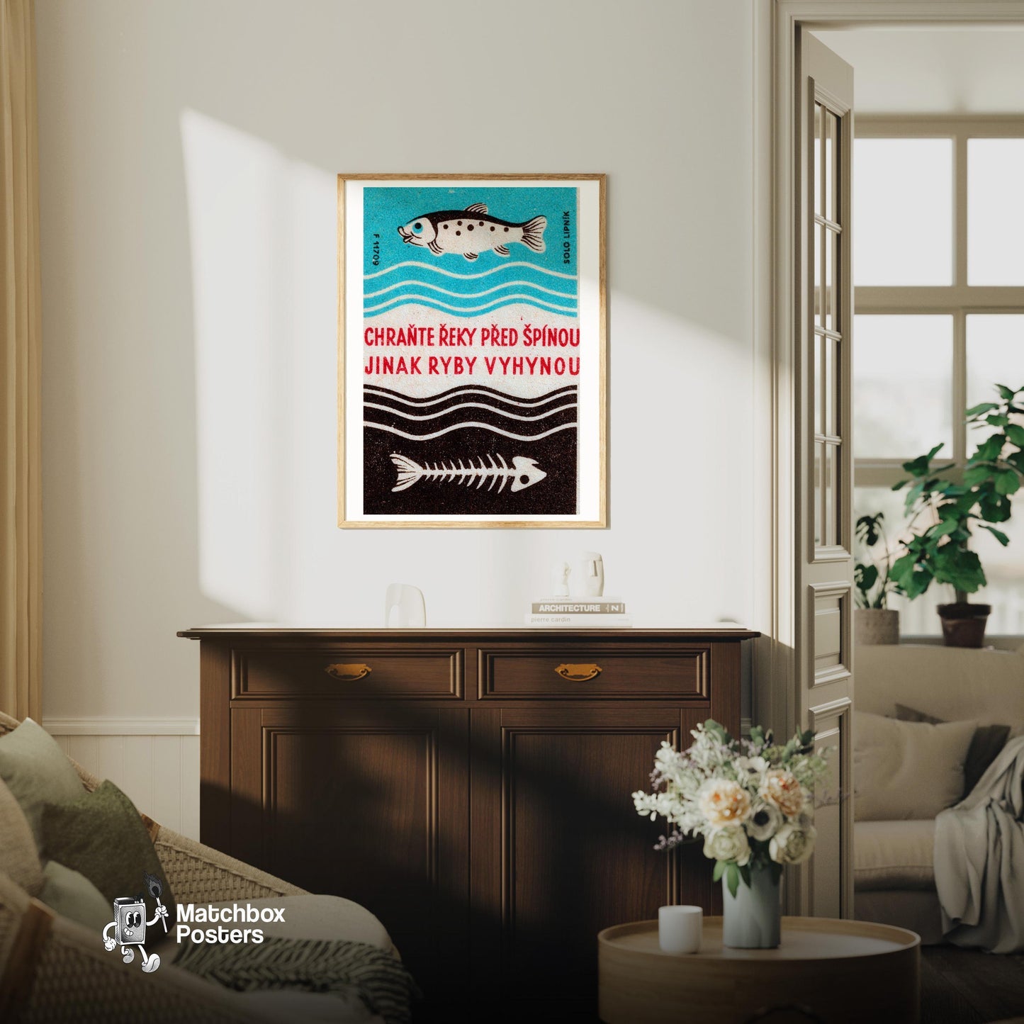 Fish and Skeleton - vintage matchbox label print - living room mockup