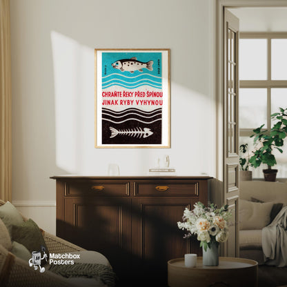 Fish and Skeleton - vintage matchbox label print - living room mockup