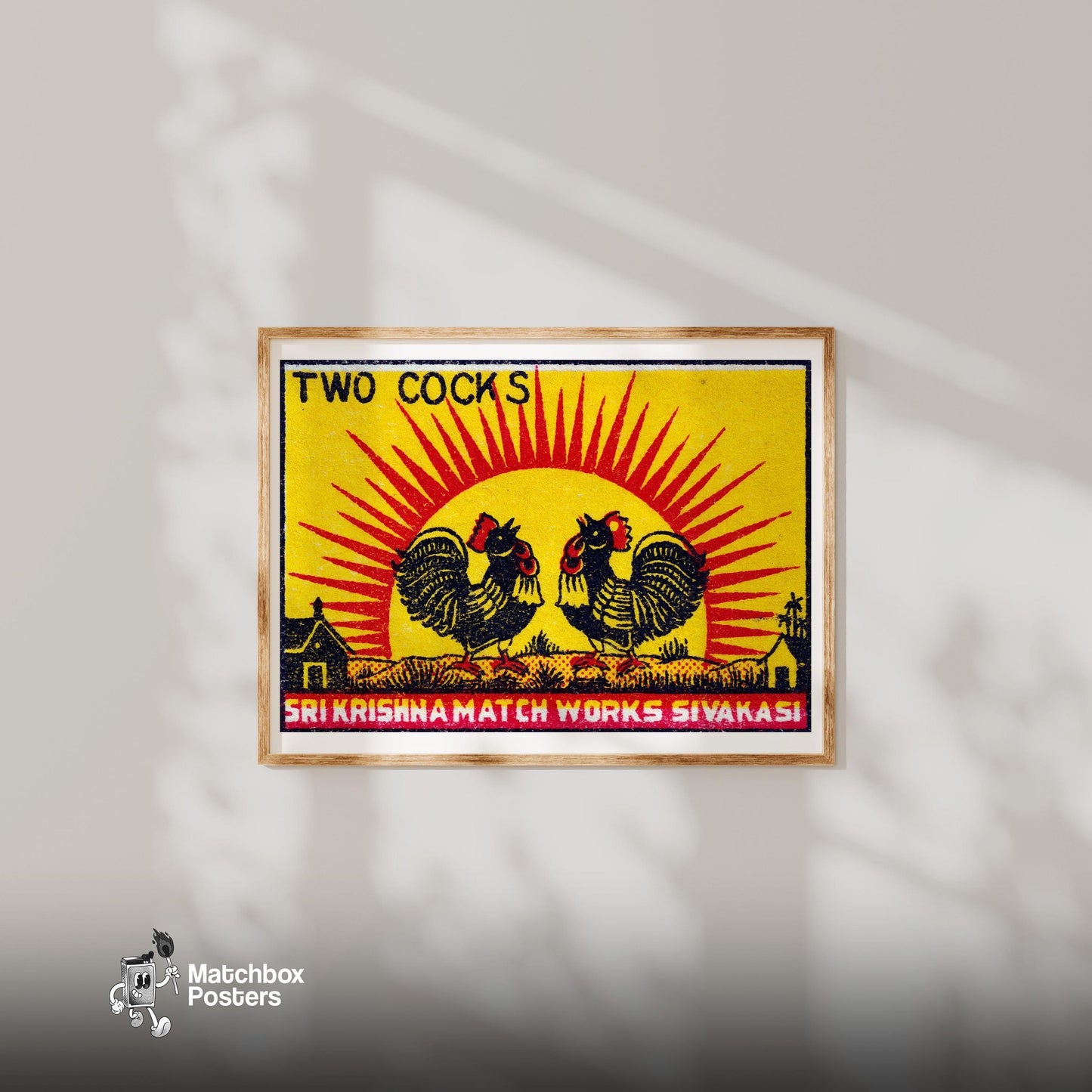 Two Roosters - vintage matchbox label print - bedroom mockup