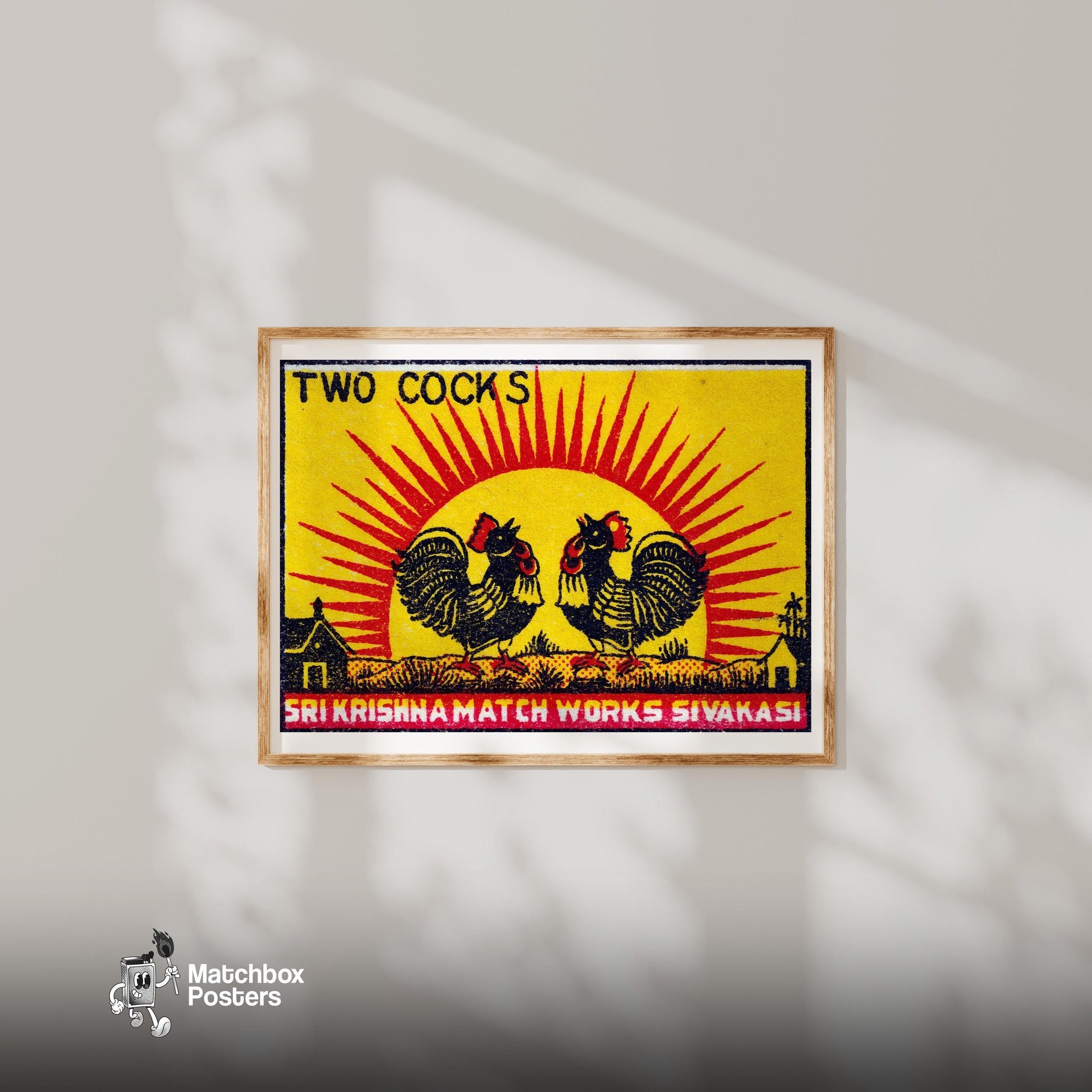 Two Roosters - vintage matchbox label print - bedroom mockup