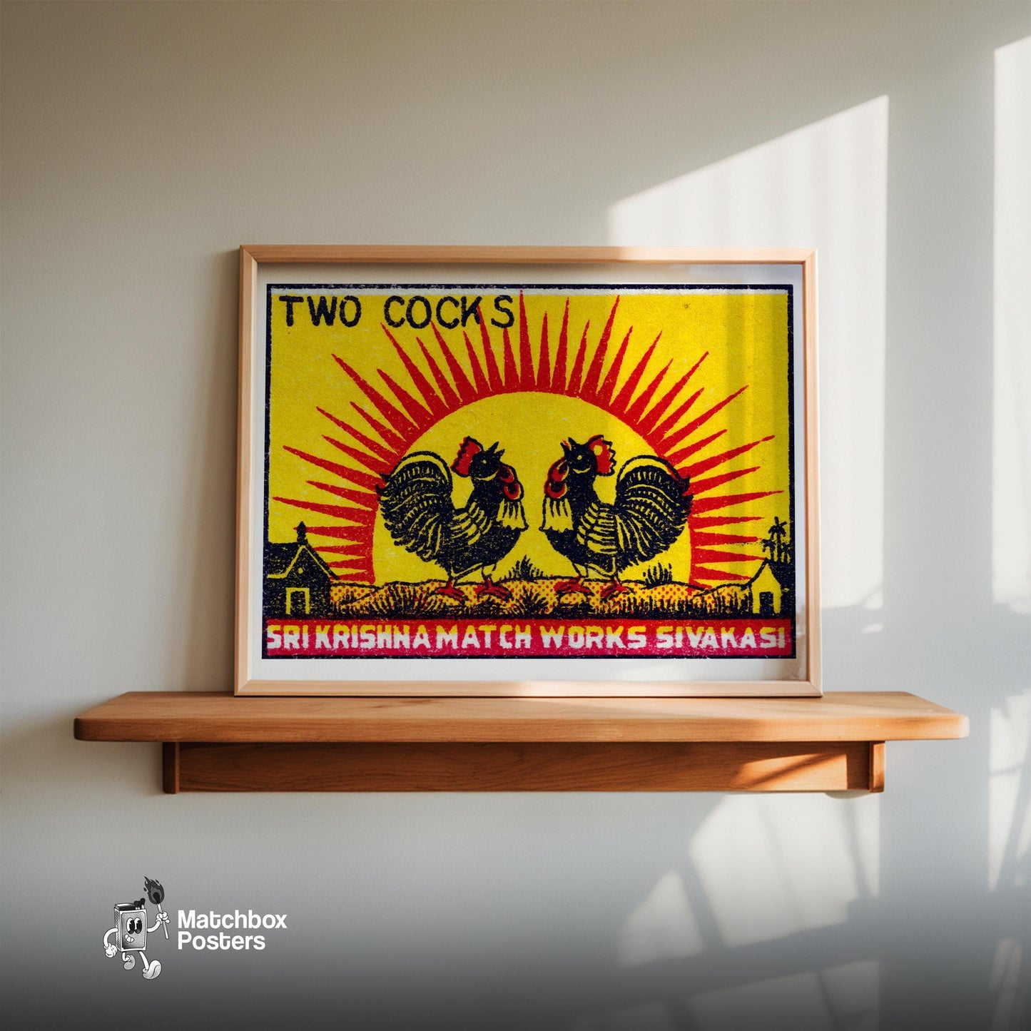 Two Roosters - vintage matchbox label print - size comparison