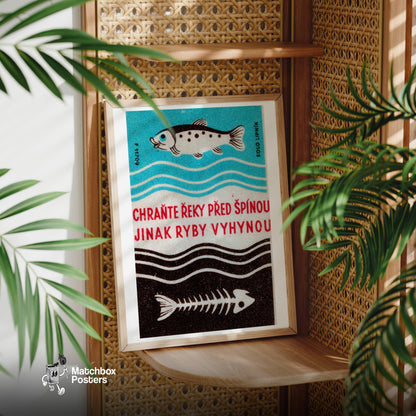 Fish and Skeleton - vintage matchbox label print - office wall