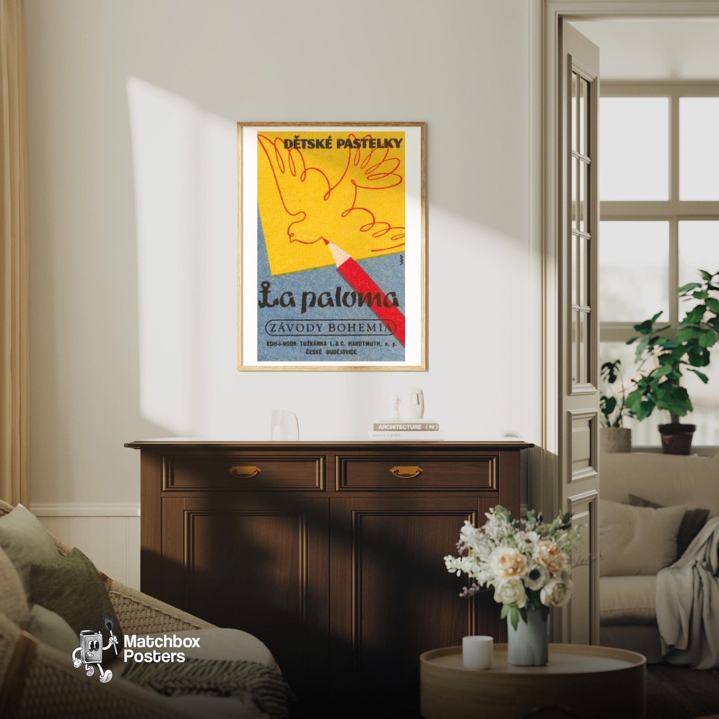 Yellow Dove - vintage matchbox label print - living room mockup