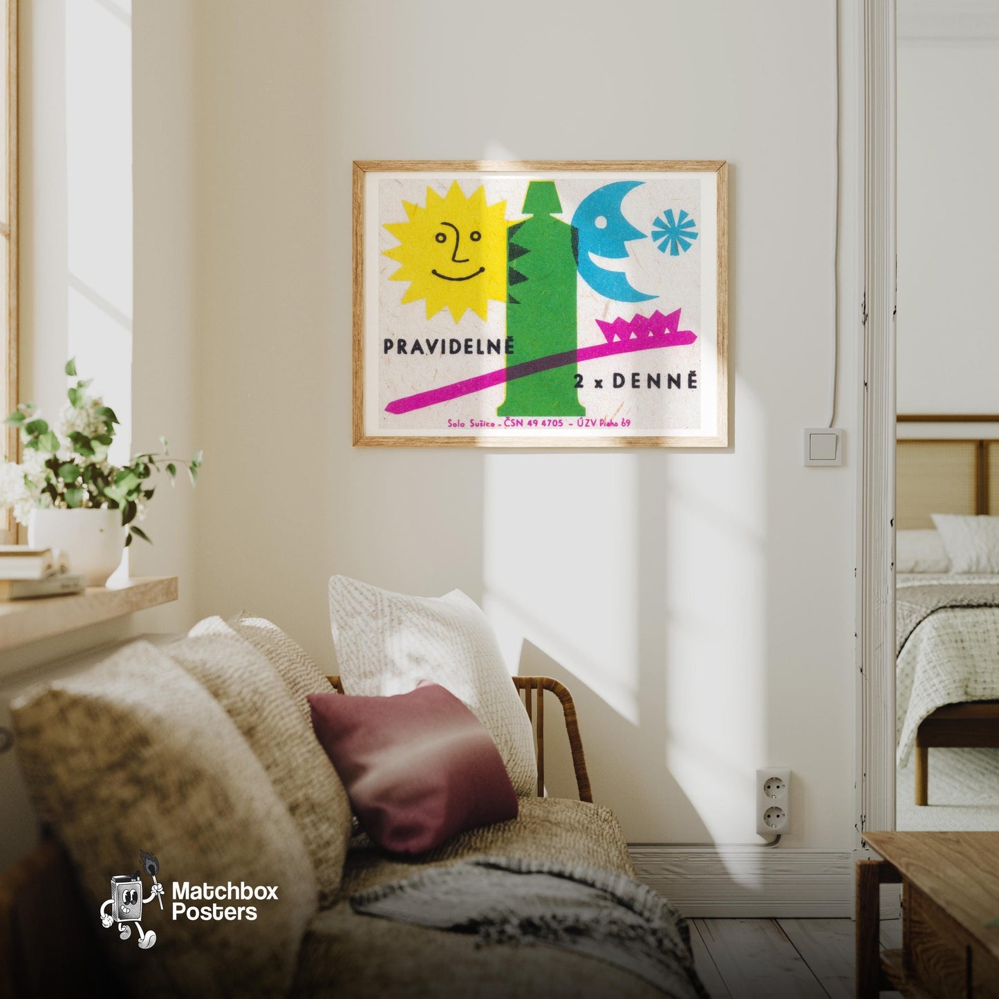 Sun and Moon - vintage matchbox label print - living room mockup