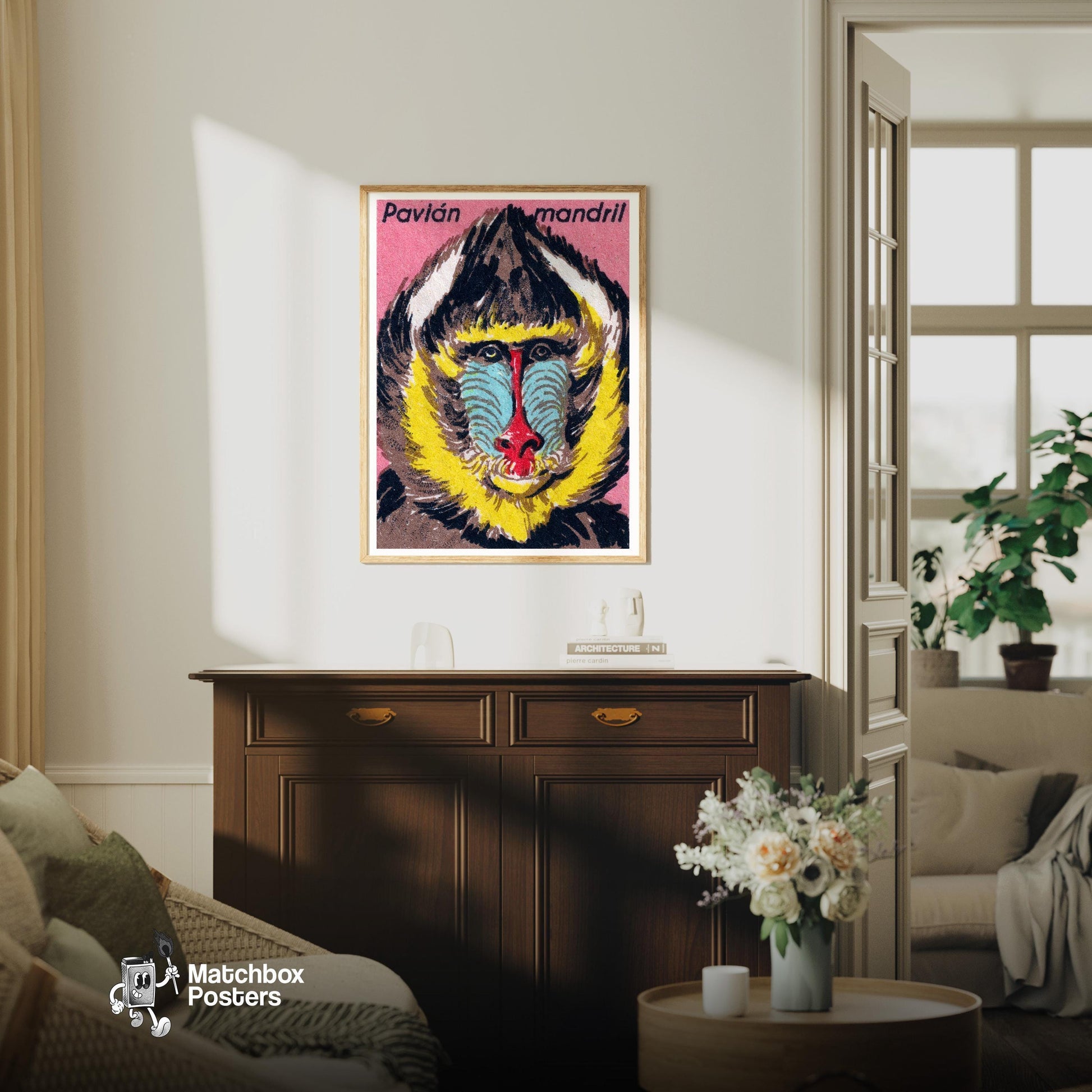 Mandrill - vintage matchbox label print - living room mockup