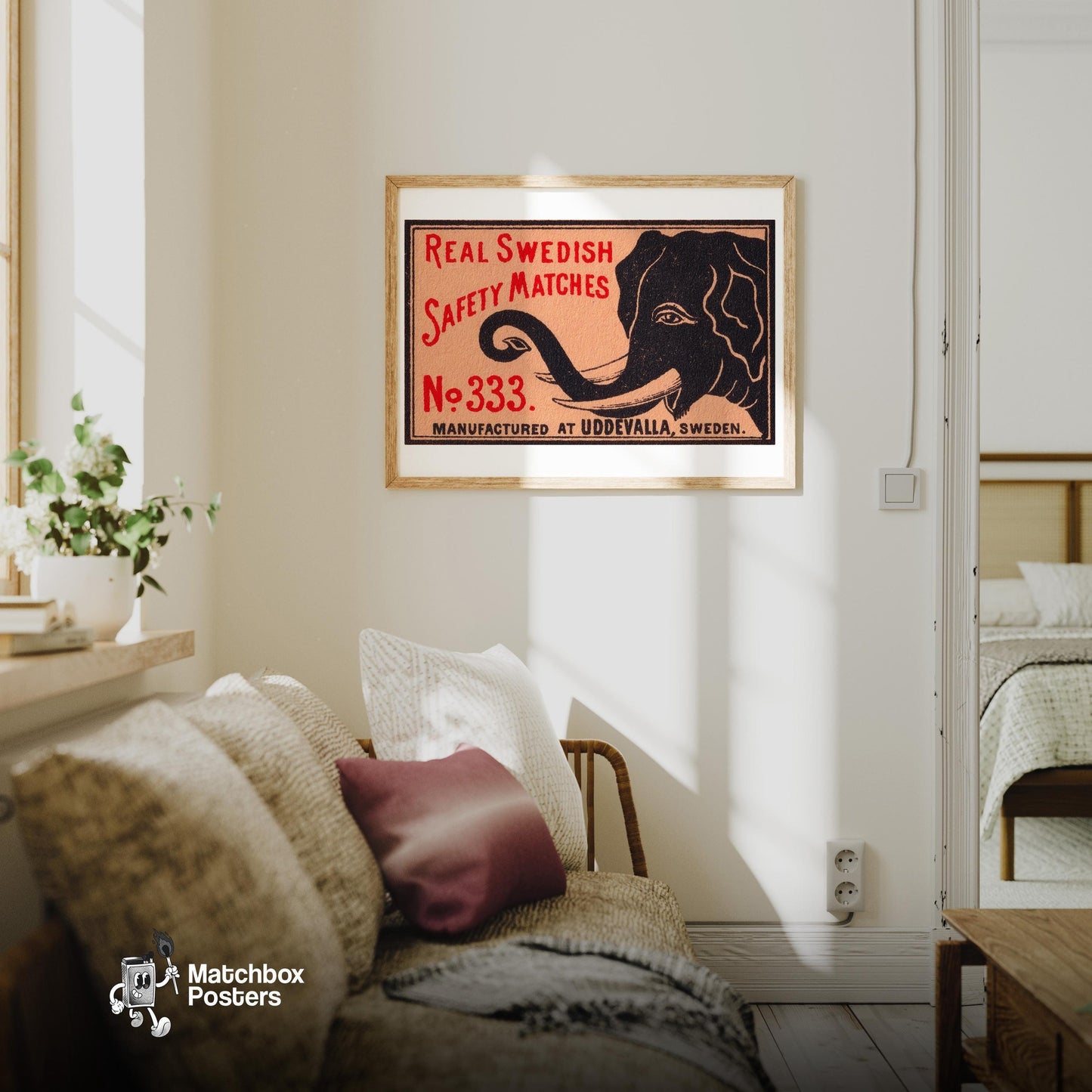 Black Elephant - vintage matchbox label print - living room mockup