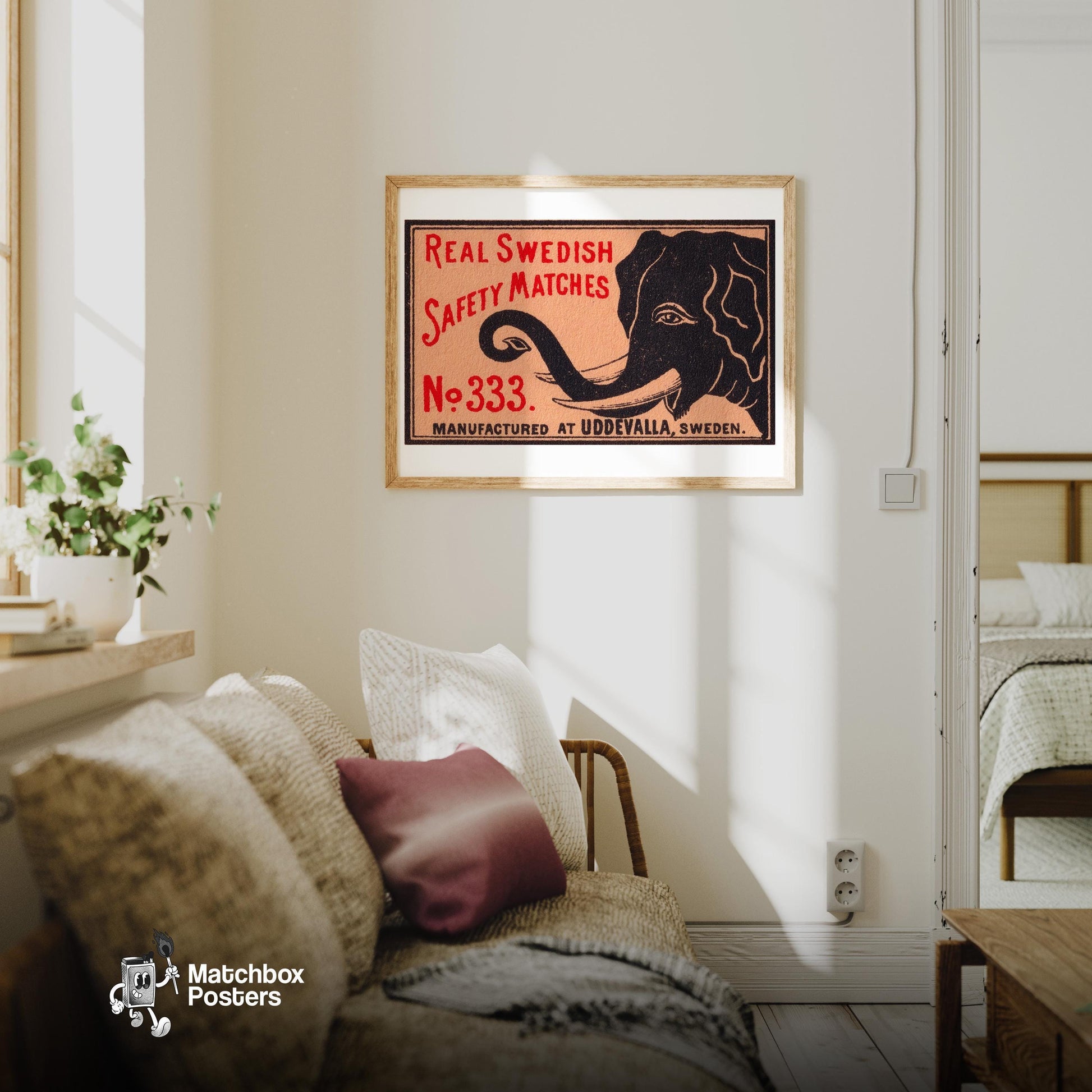 Black Elephant - vintage matchbox label print - living room mockup