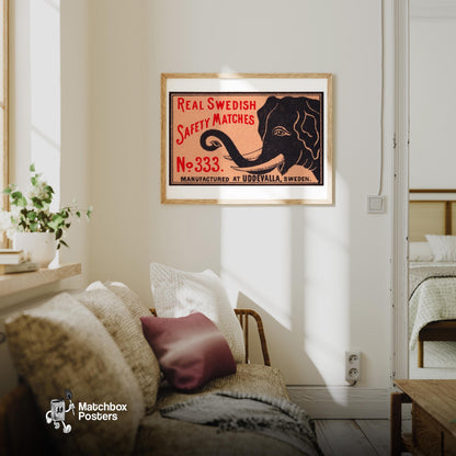 Black Elephant - vintage matchbox label print - living room mockup