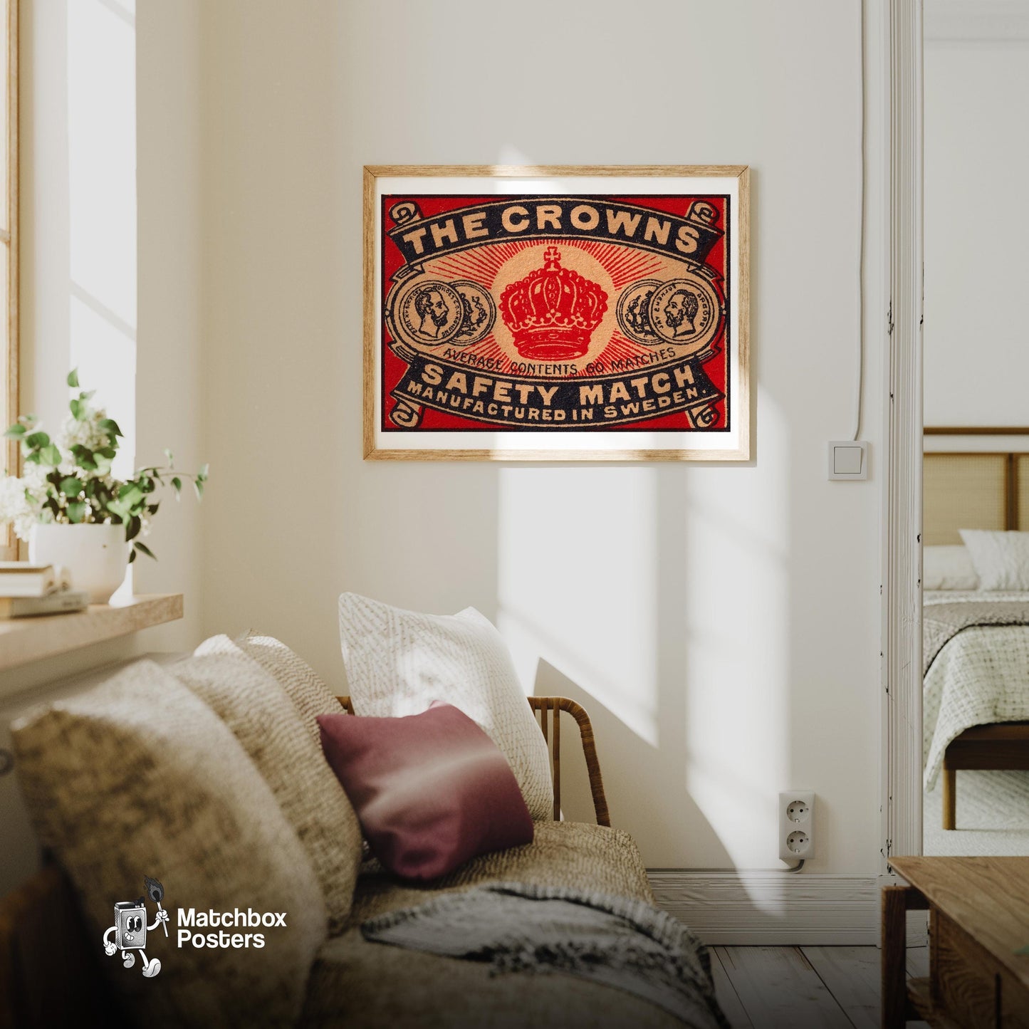 Red Crown - vintage matchbox label print - living room mockup