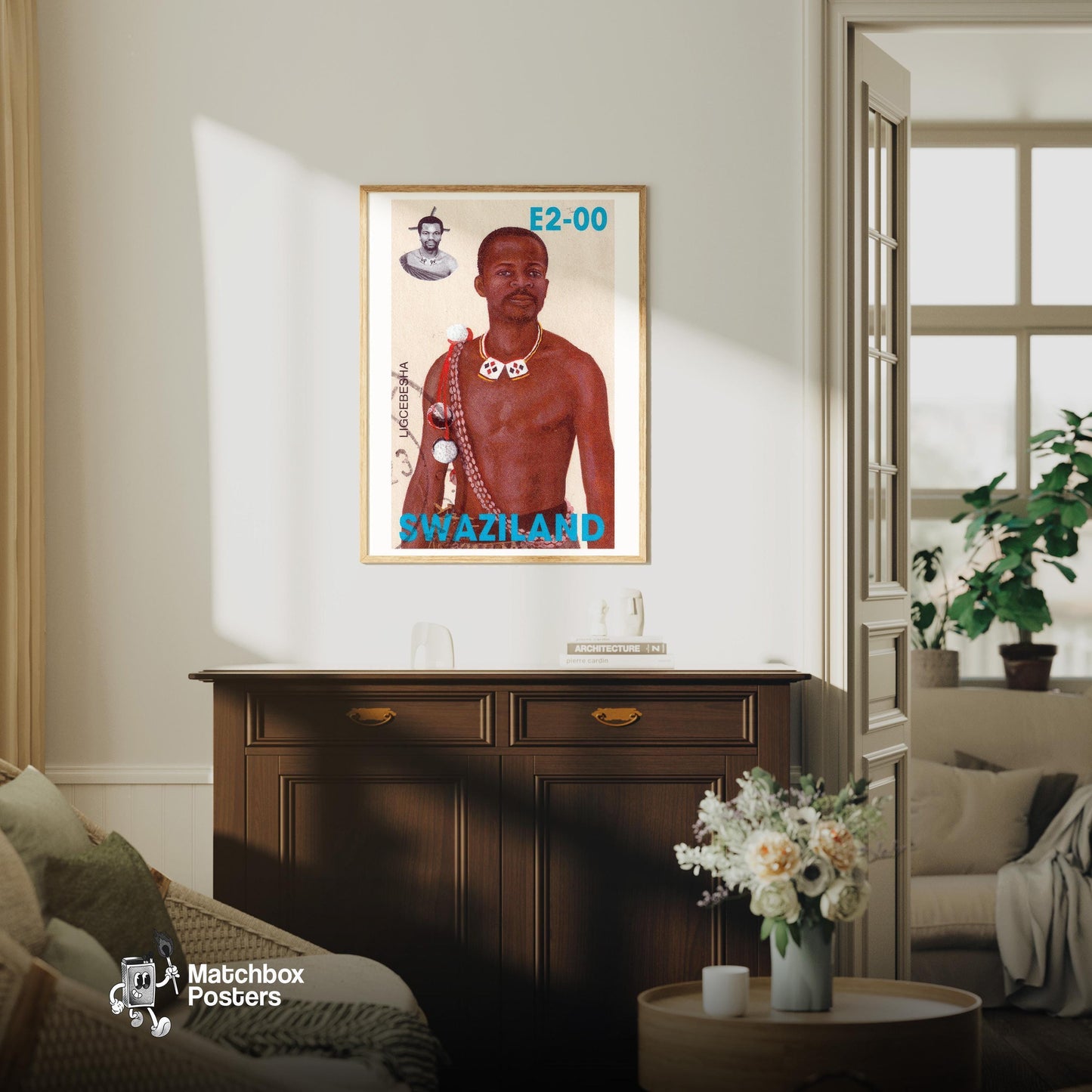 Man Swaziland 1980s - vintage matchbox label print - living room mockup