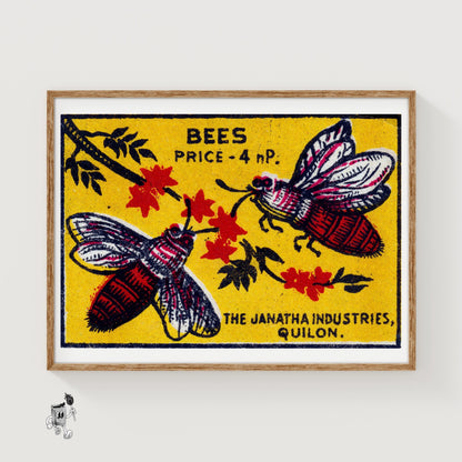 Two Bees - vintage matchbox label print