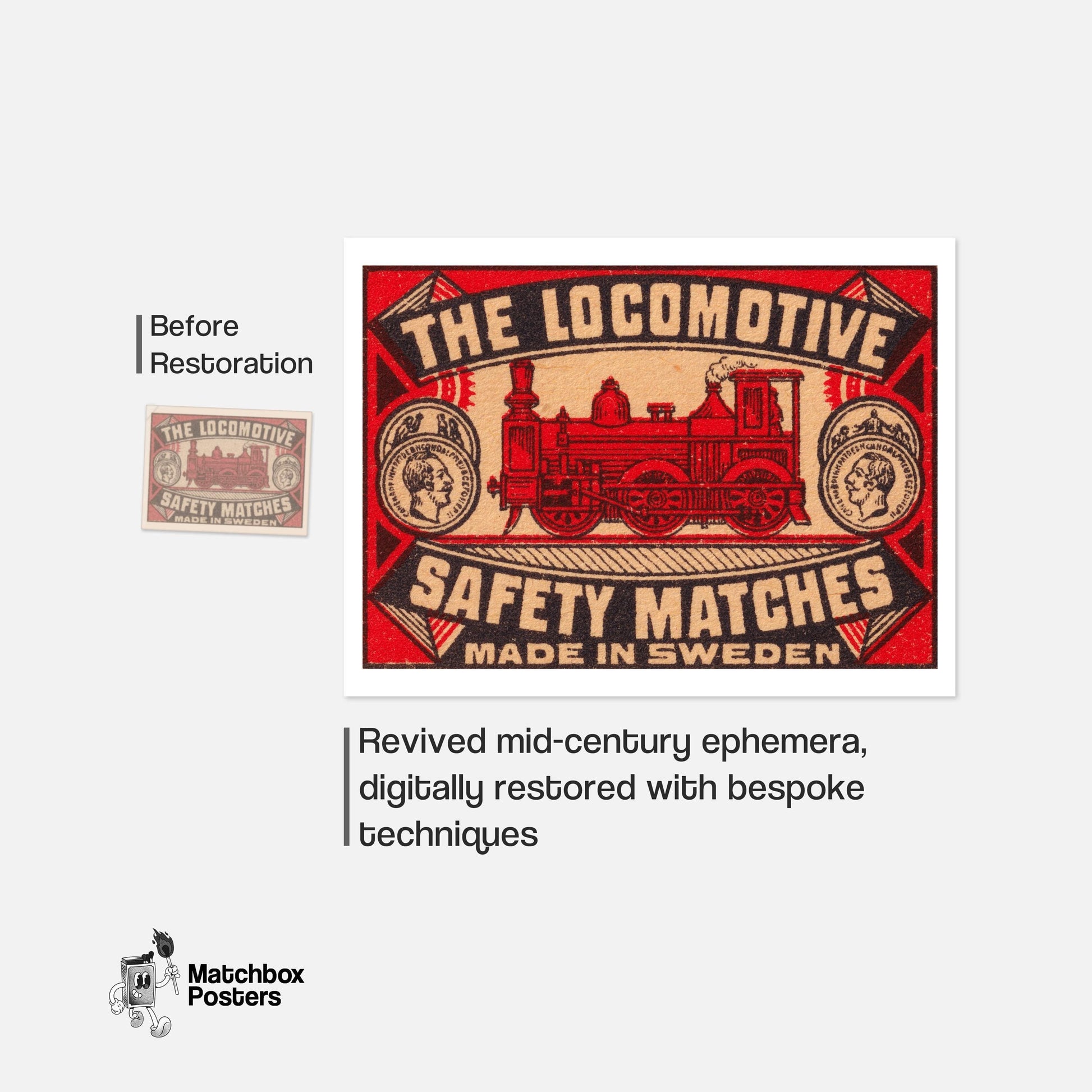 Red Locomotive - vintage matchbox label print - framed wall art preview