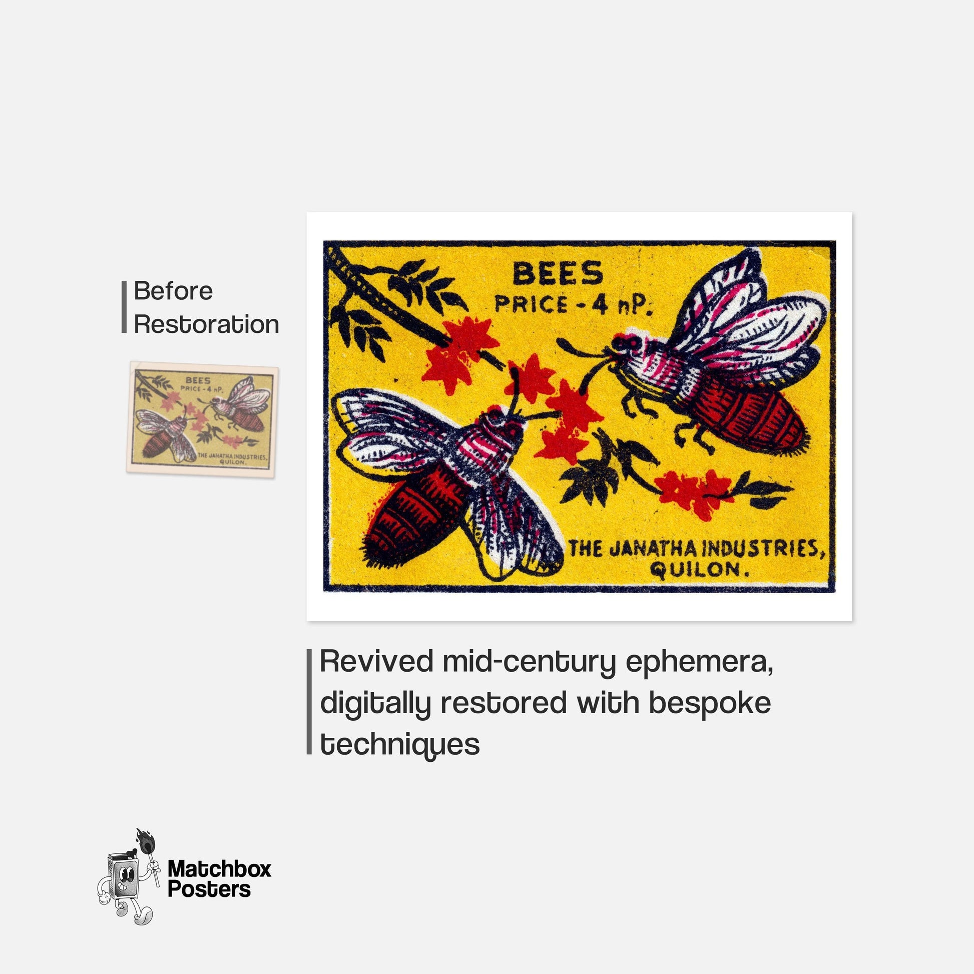 Two Bees - vintage matchbox label print - framed wall art preview