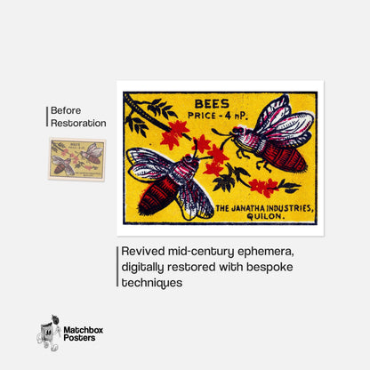 Two Bees - vintage matchbox label print - framed wall art preview