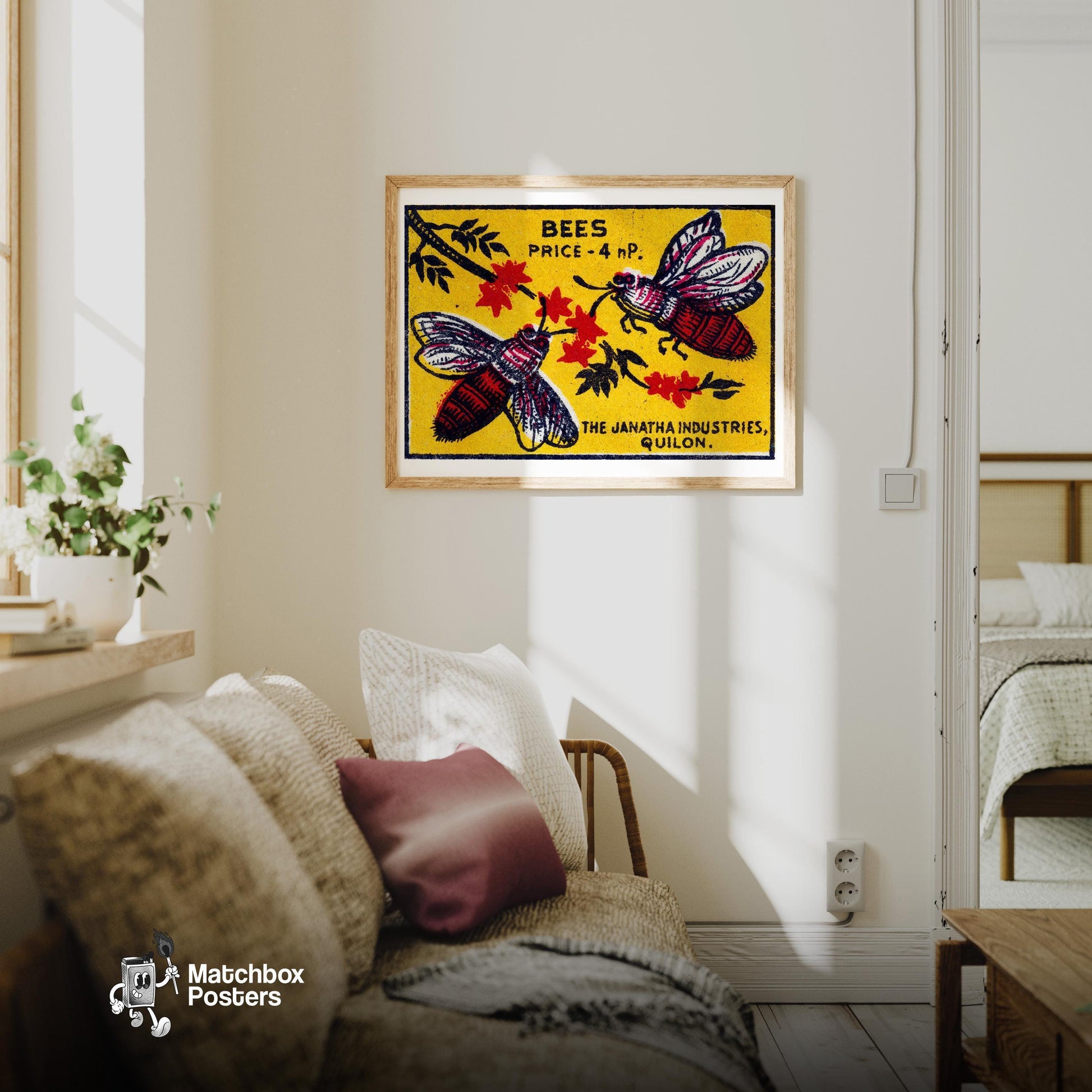 Two Bees - vintage matchbox label print - living room mockup