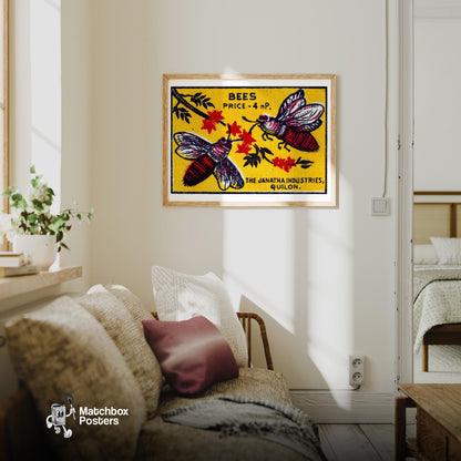 Two Bees - vintage matchbox label print - living room mockup