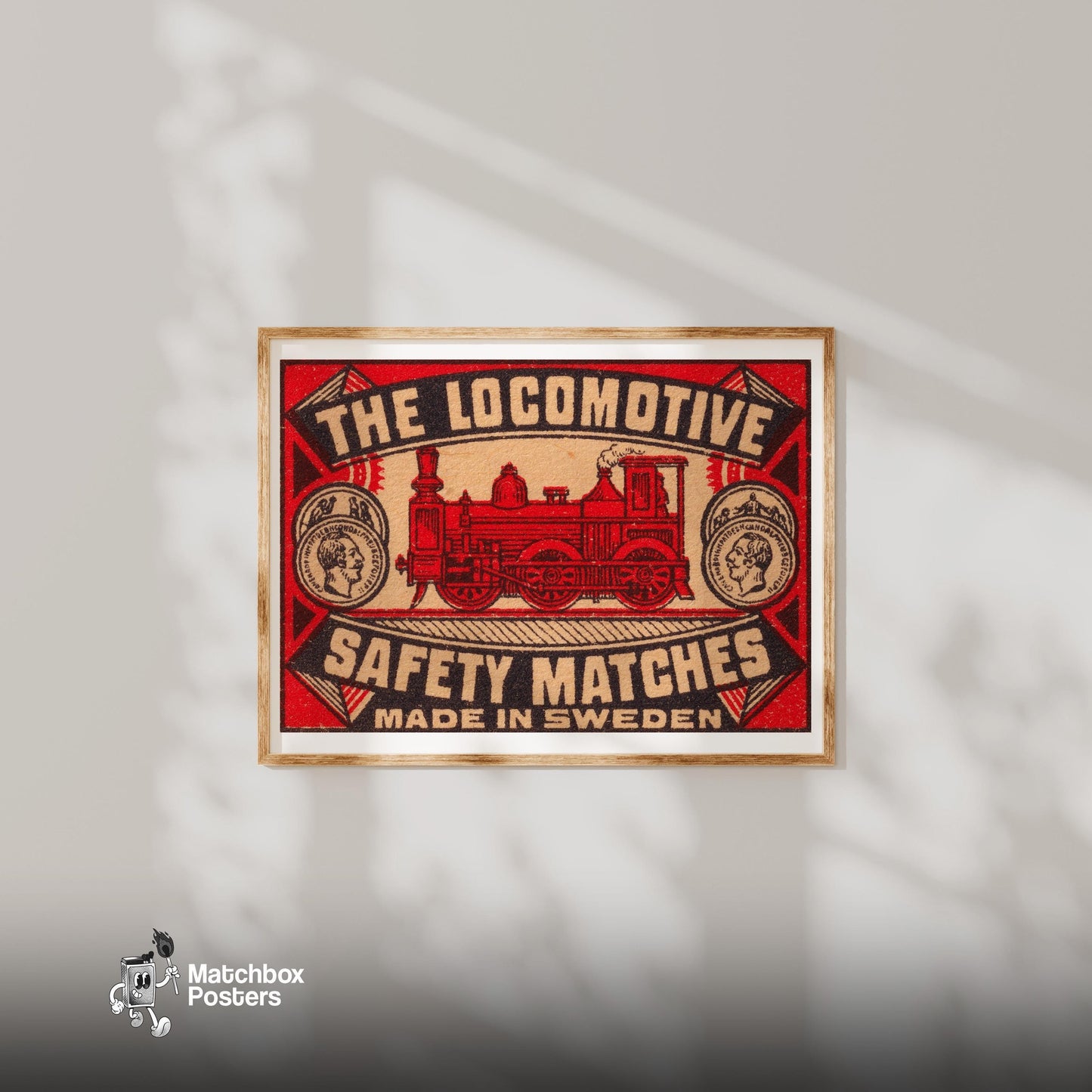 Red Locomotive - vintage matchbox label print - bedroom mockup