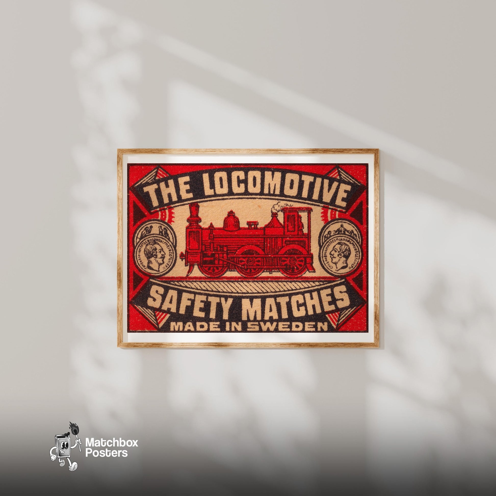 Red Locomotive - vintage matchbox label print - bedroom mockup