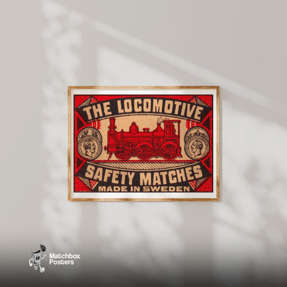Red Locomotive - vintage matchbox label print - bedroom mockup