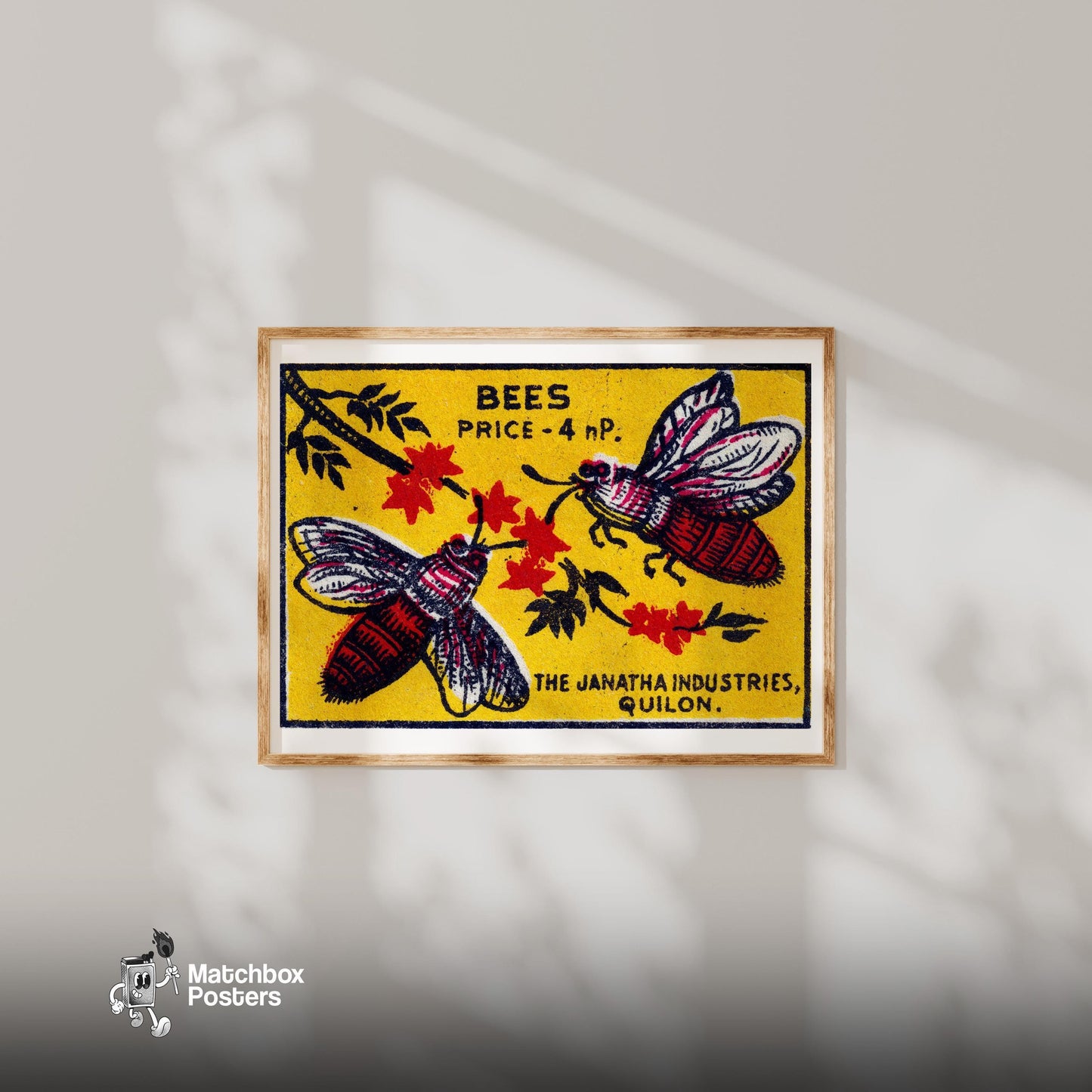 Two Bees - vintage matchbox label print - bedroom mockup