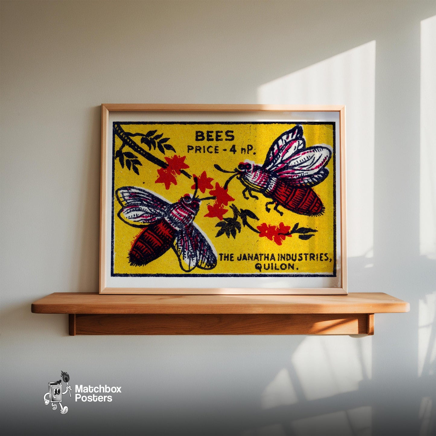 Two Bees - vintage matchbox label print - size comparison