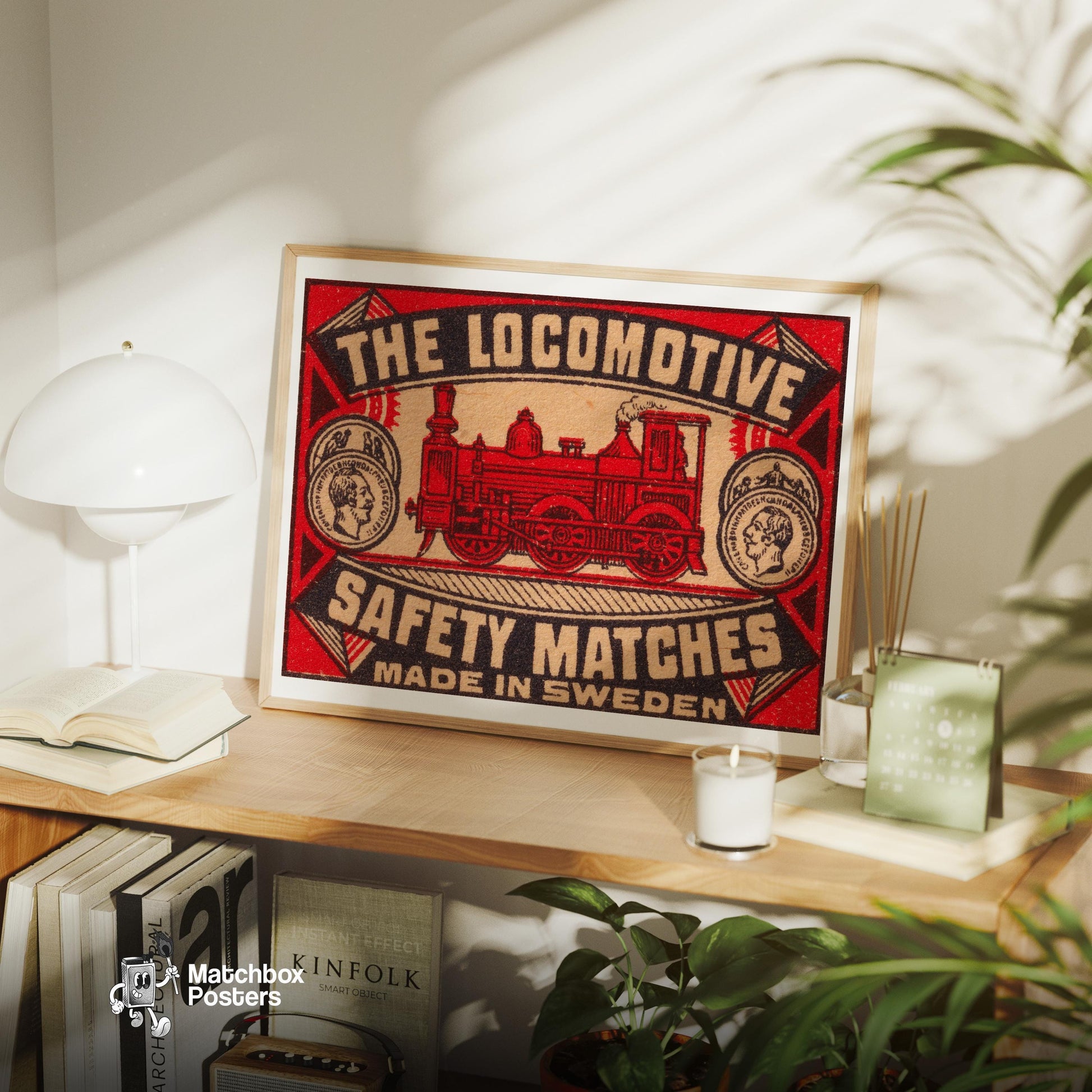 Red Locomotive - vintage matchbox label print - office wall