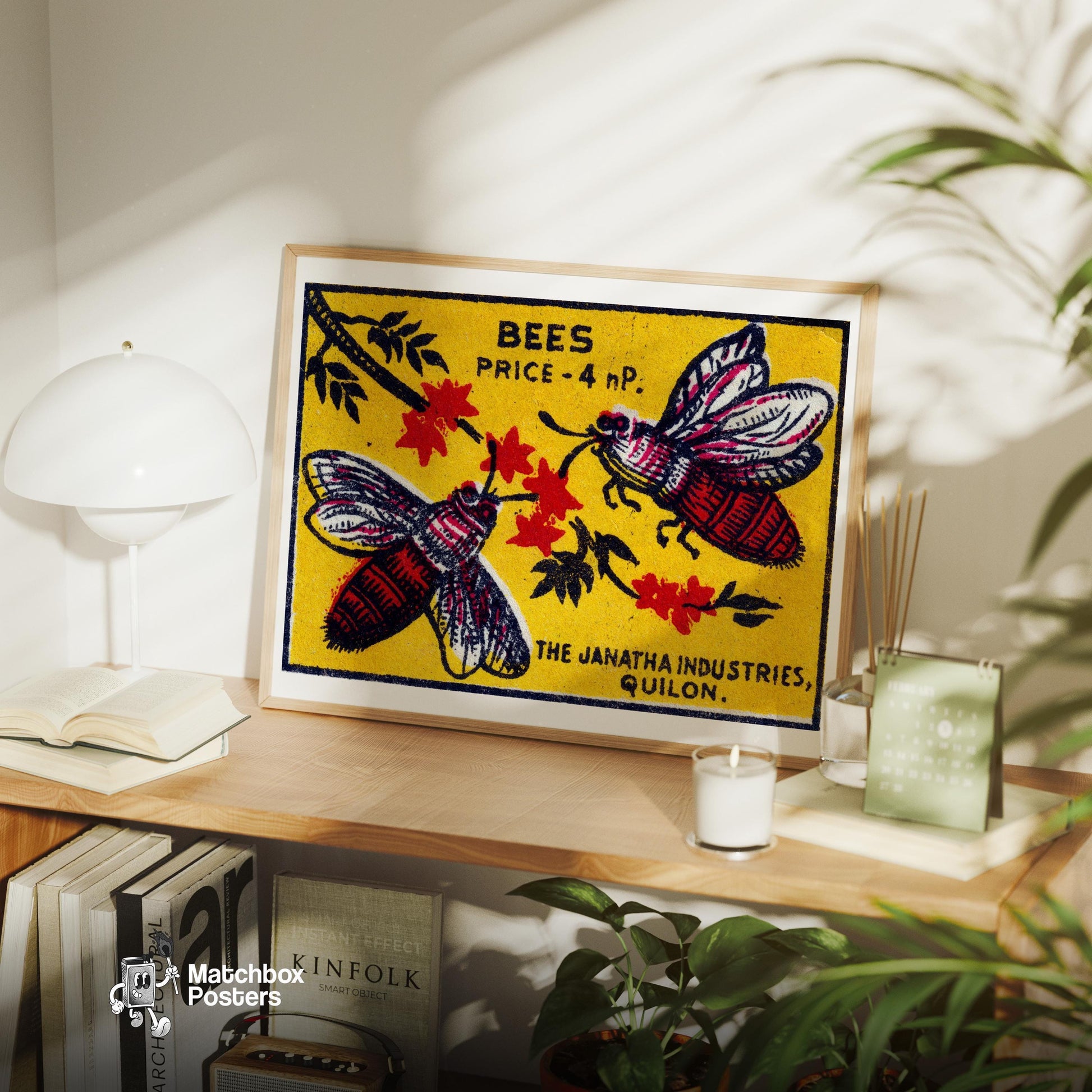 Two Bees - vintage matchbox label print - office wall