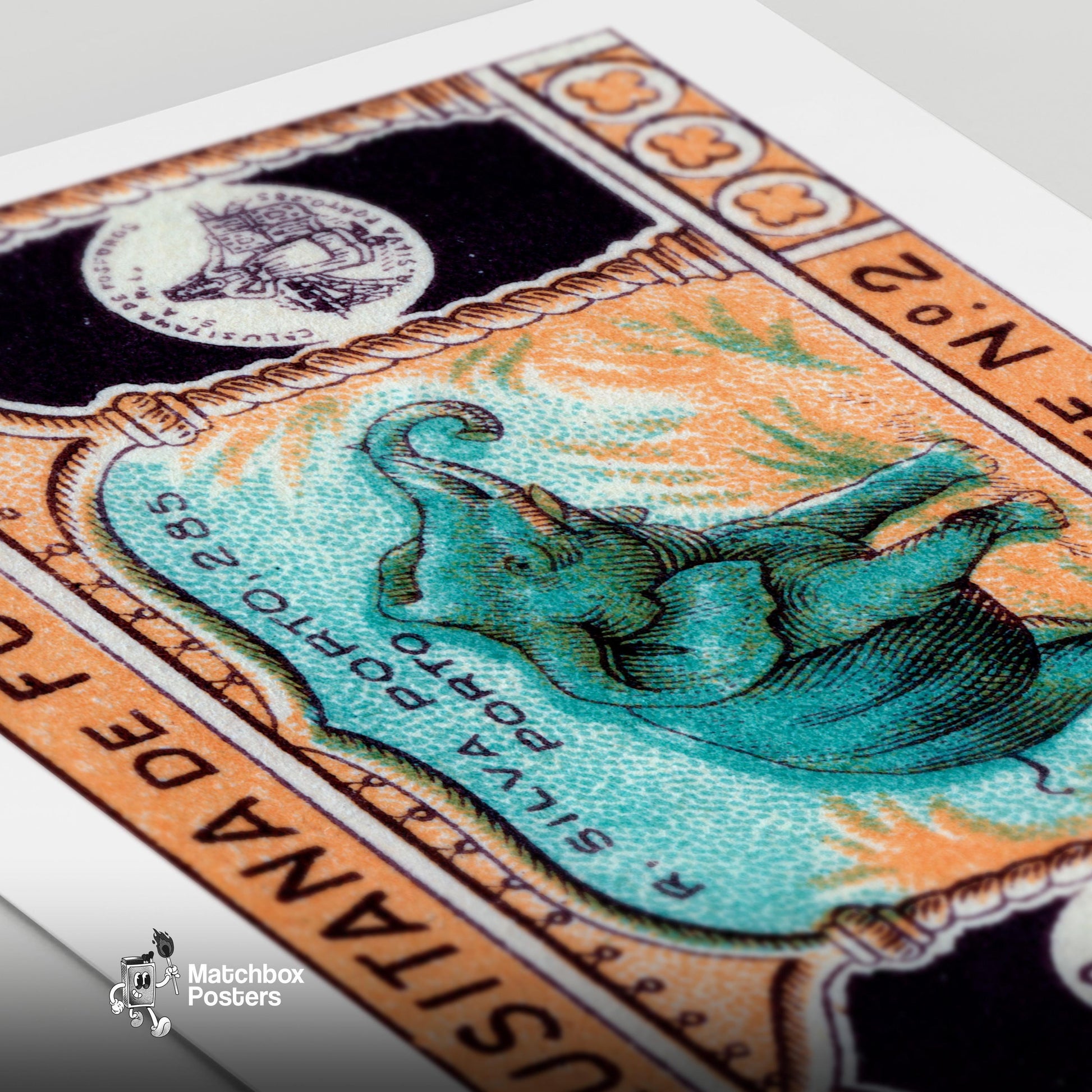 Green Elephant - vintage matchbox label print - close-up detail