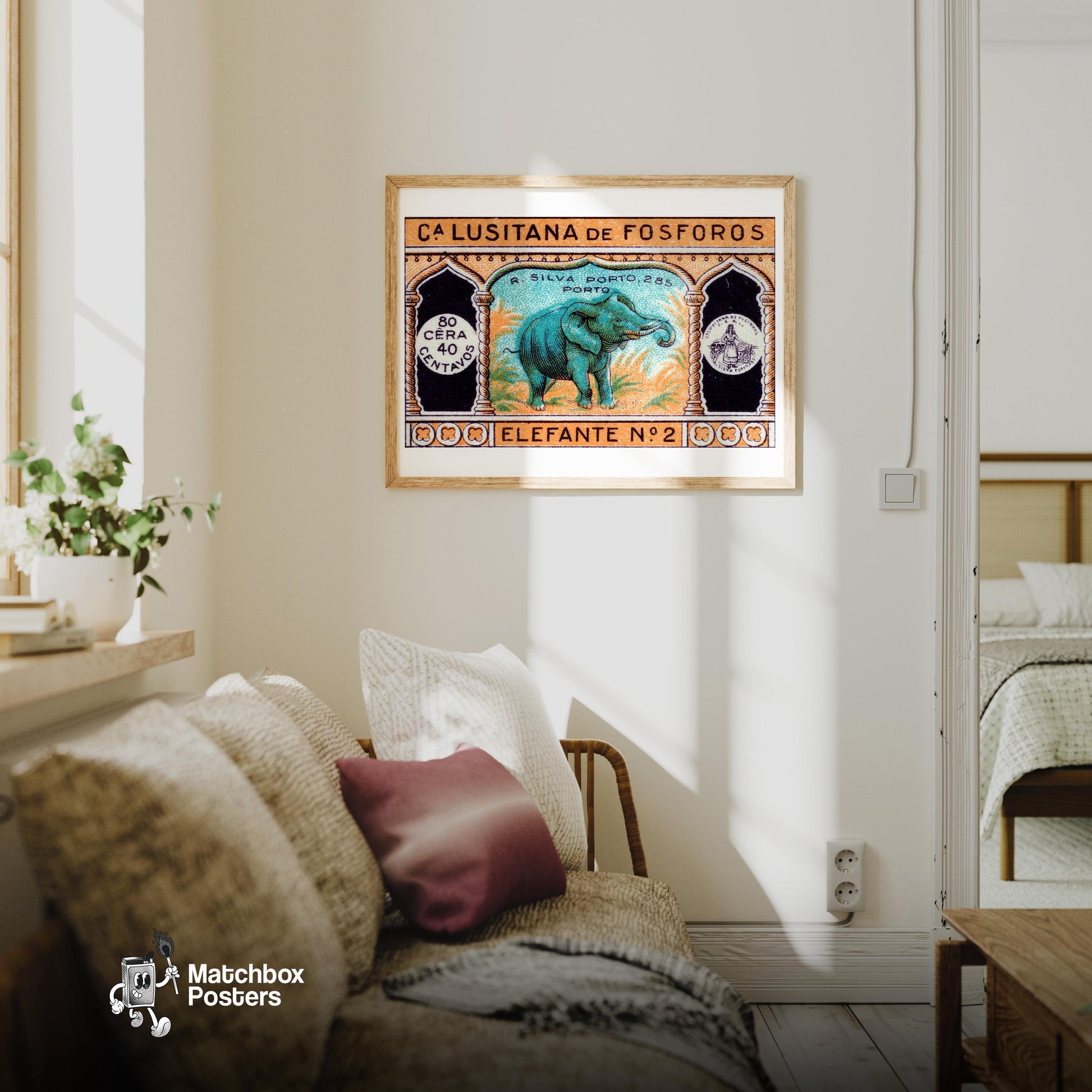 Green Elephant - vintage matchbox label print - living room mockup