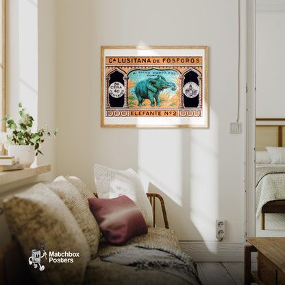Green Elephant - vintage matchbox label print - living room mockup