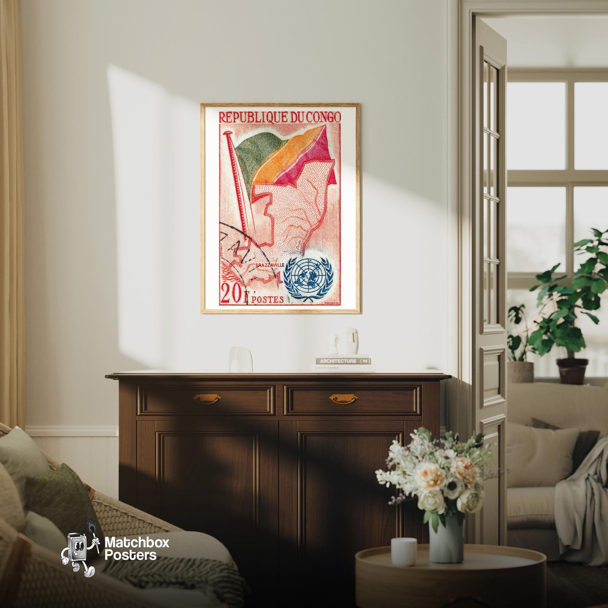 Congolese Flag - vintage matchbox label print - living room mockup