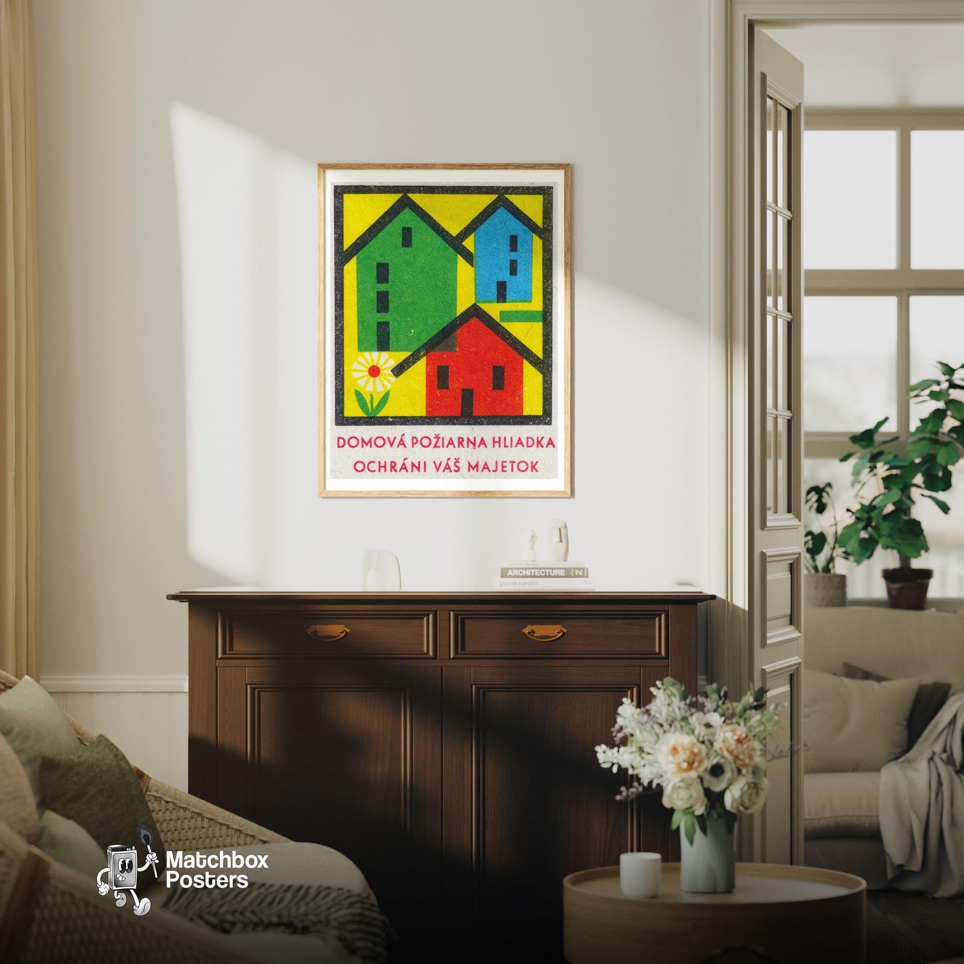 Flower Motif - vintage matchbox label print - living room mockup
