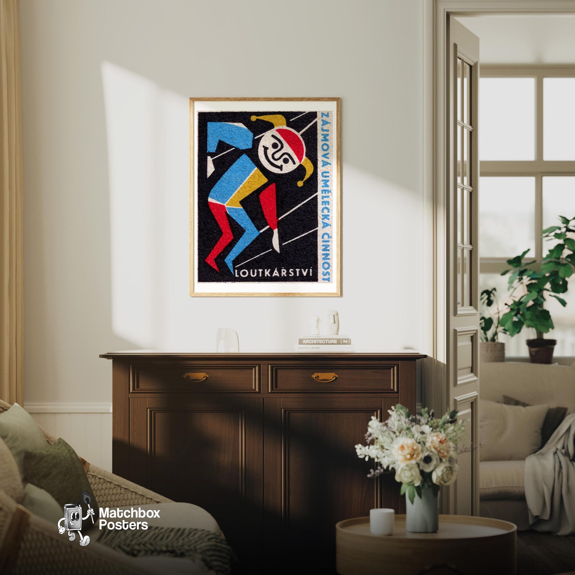 Jester Puppet - vintage matchbox label print - living room mockup